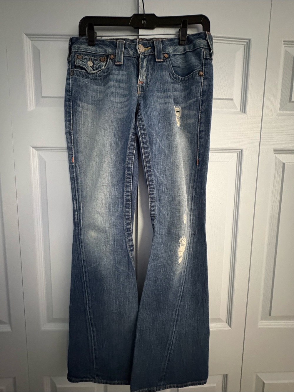 TRUE RELIGION 2004 JOEY Blue Jeans Low-Waisted Boot Cut w rip details sz 27